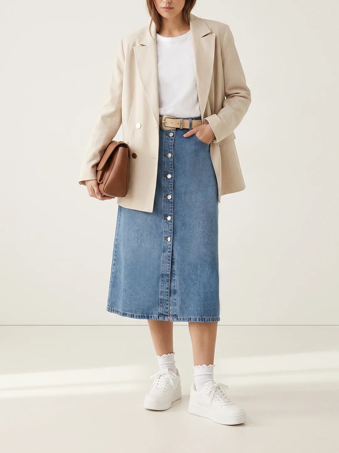 Blue Button-Front Denim Skirt